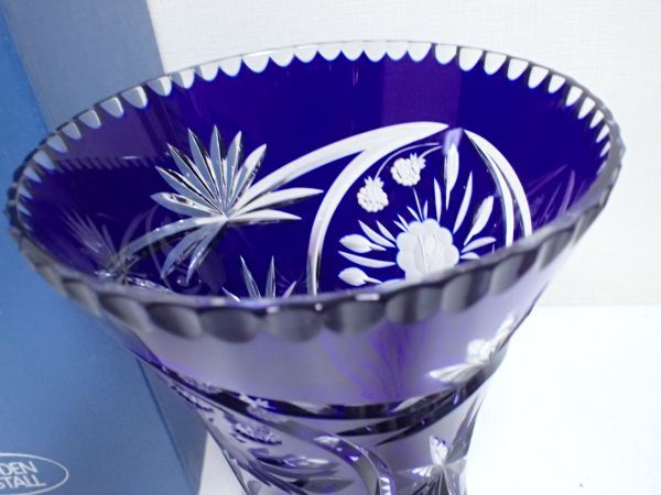 豊F824/1J自☆美品 DRESDEN KRISTALL ドレスデン クリスタル カットガラス 26.3cm 花瓶 フラワーベース 花器 Schonborn Germany ブルー☆_6