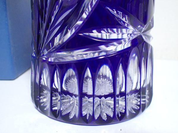 豊F824/1J自☆美品 DRESDEN KRISTALL ドレスデン クリスタル カットガラス 26.3cm 花瓶 フラワーベース 花器 Schonborn Germany ブルー☆_7