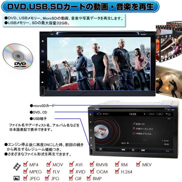 カーナビ2DIN 7インチ AndroidアンドロイドDVD内蔵CPRM対応 ラジオ USB SD Bluetooth電話音楽 HDD WiFi スマホiPhone無線接続外部入出力_2