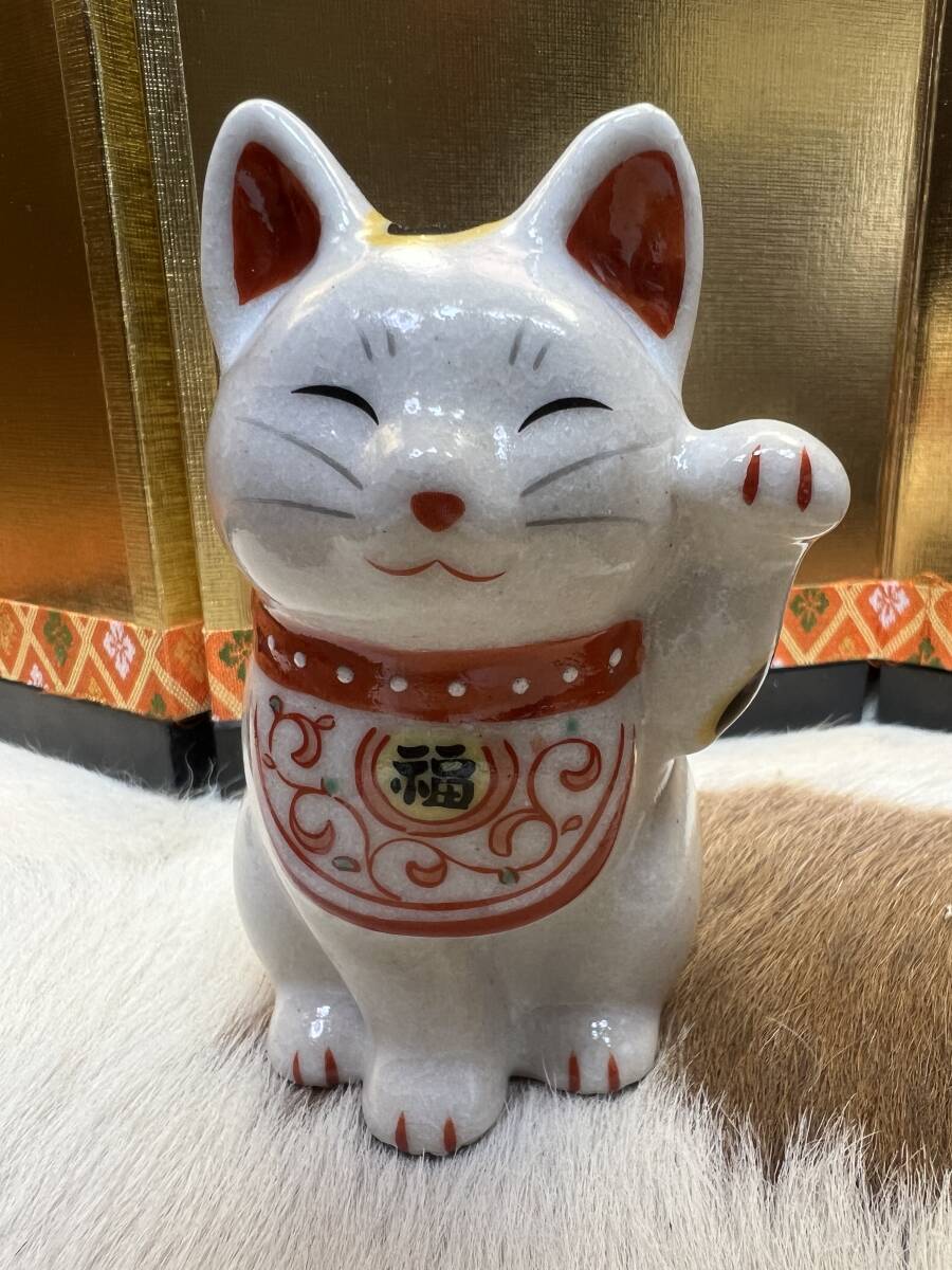 □陶器□招き猫□ねこ□置物□猫持□プチ□模様入りネコ□検索□薬師窯