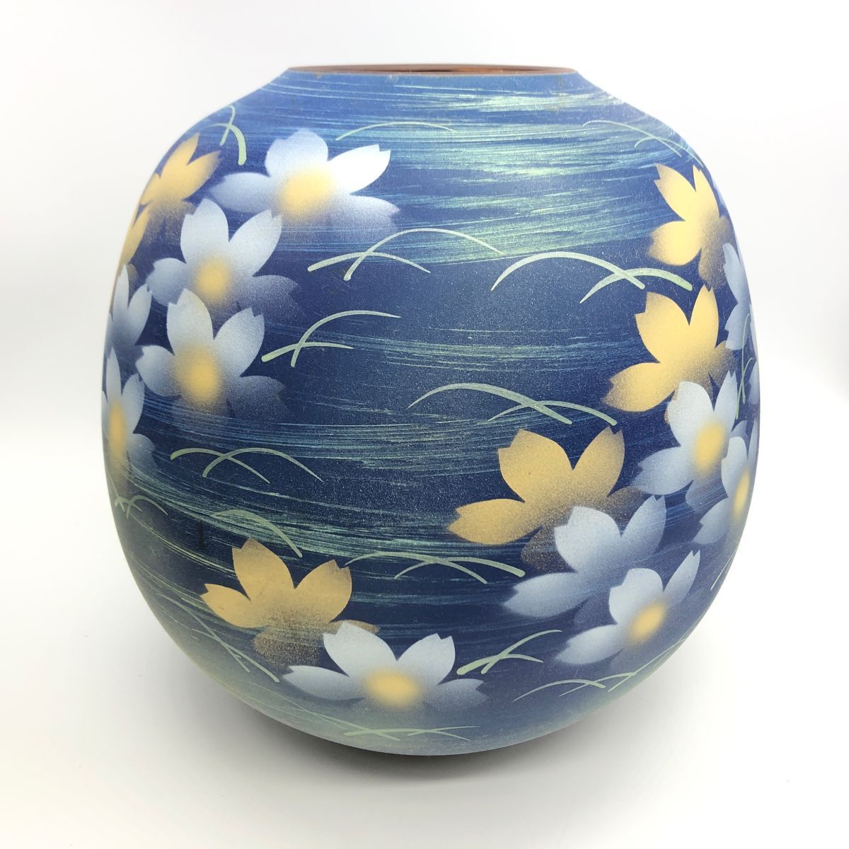 22595】九谷焼 花瓶 金彩 長山作 裏印有 共箱/立札 花器 花入 壷