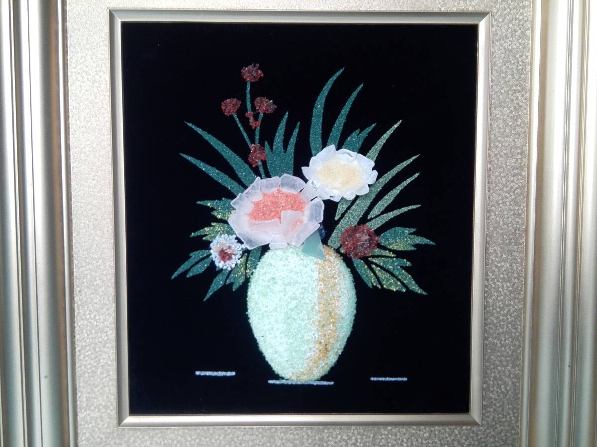 宝石画 貴石画 ストーンアート 【花】 額装 ガラス入り額 40，5