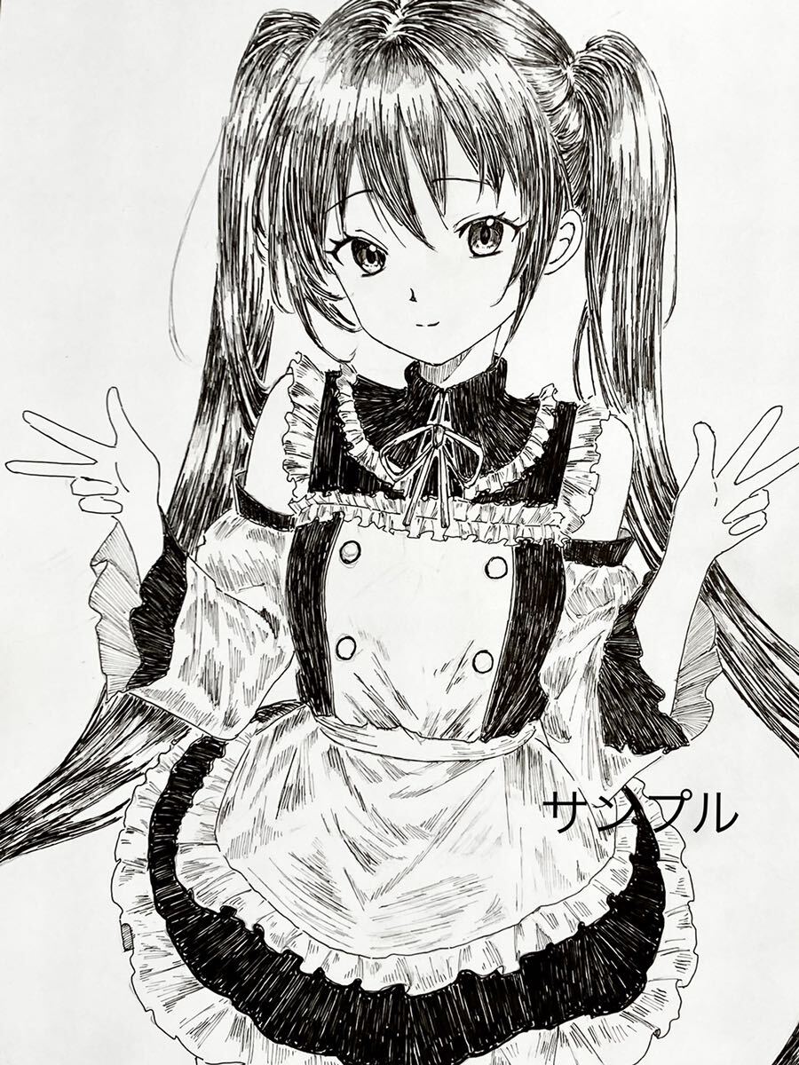 手描きイラスト　ペン画 モノクロ A4サイズ 同人 手描きイラスト A4 メイド 初音ミク オリジナル モノクロ 鉛筆画