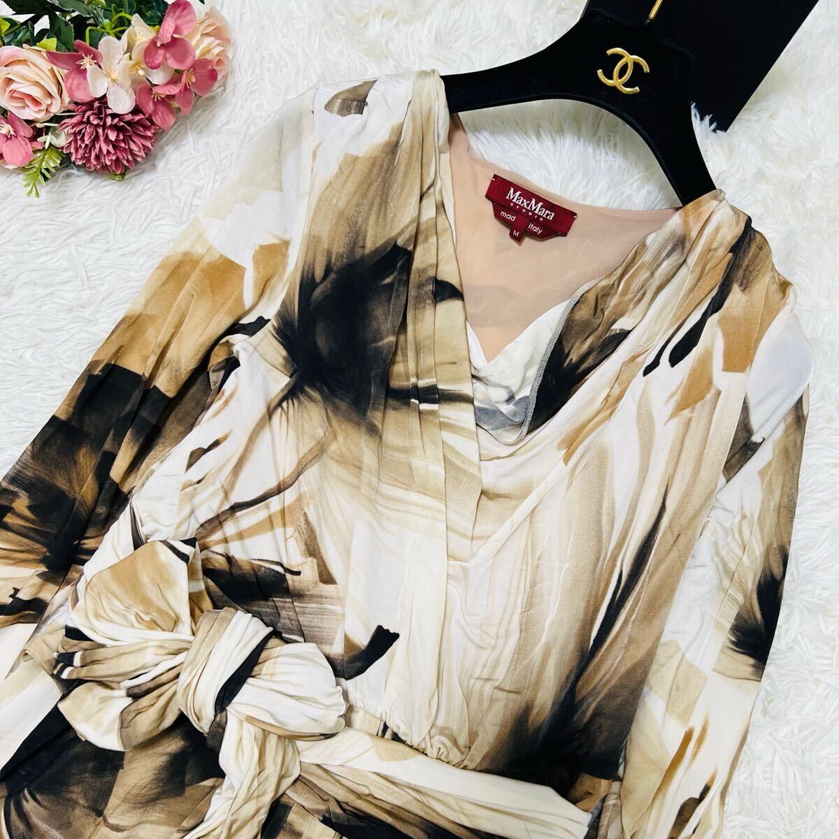 極美品 MaxMara ロングワンピース ドレス 花柄 総柄 ストレッチ リボン
