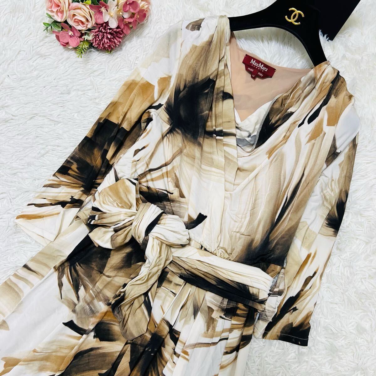極美品 MaxMara ロングワンピース ドレス 花柄 総柄 ストレッチ リボン