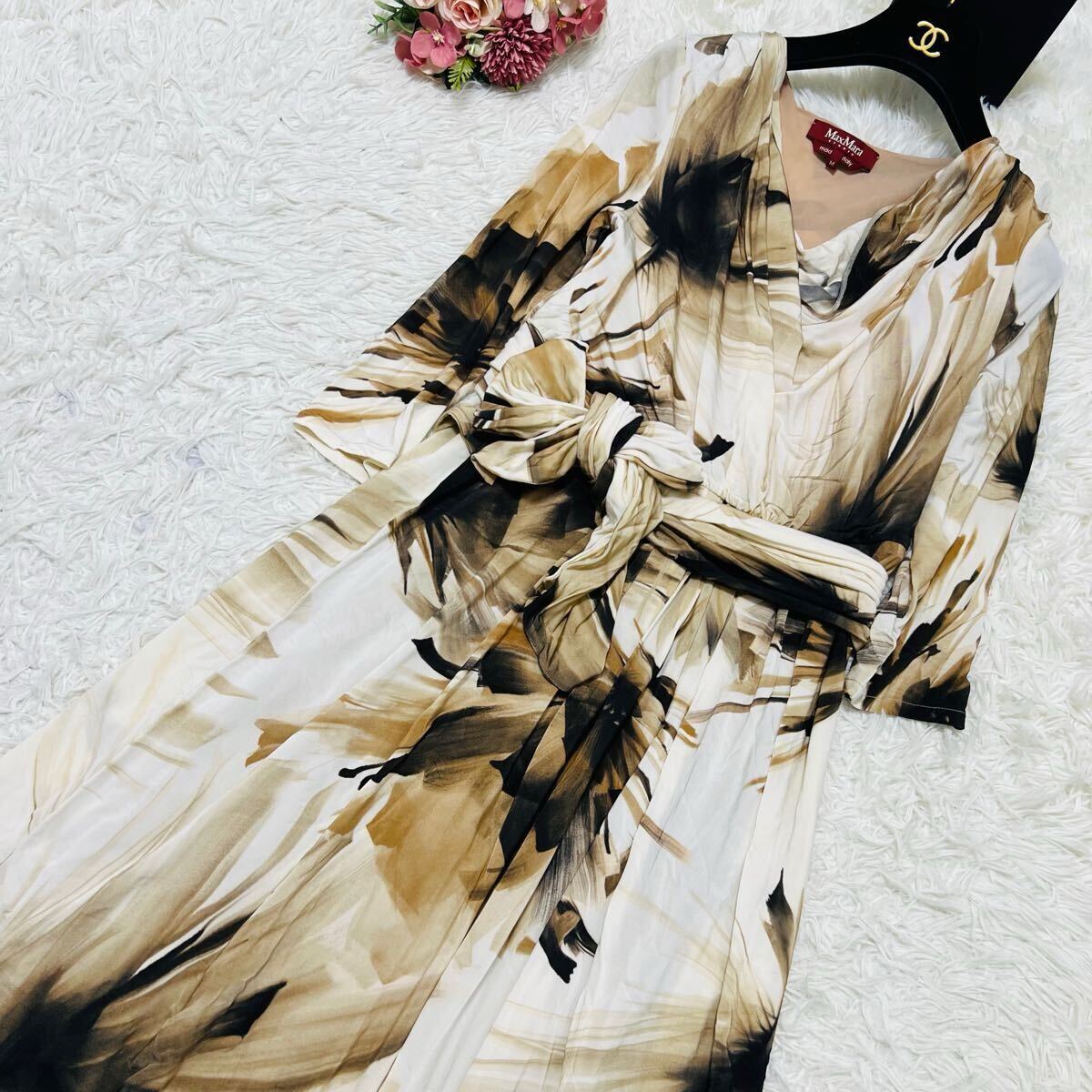 極美品 MaxMara ロングワンピース ドレス 花柄 総柄 ストレッチ リボン