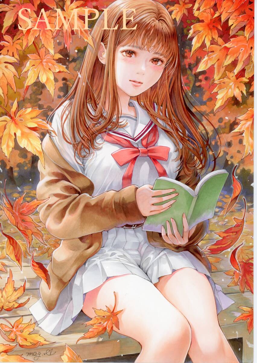 手描き 直筆 イラスト □ オリジナル □ 紅葉とキツネ巫女ちゃん