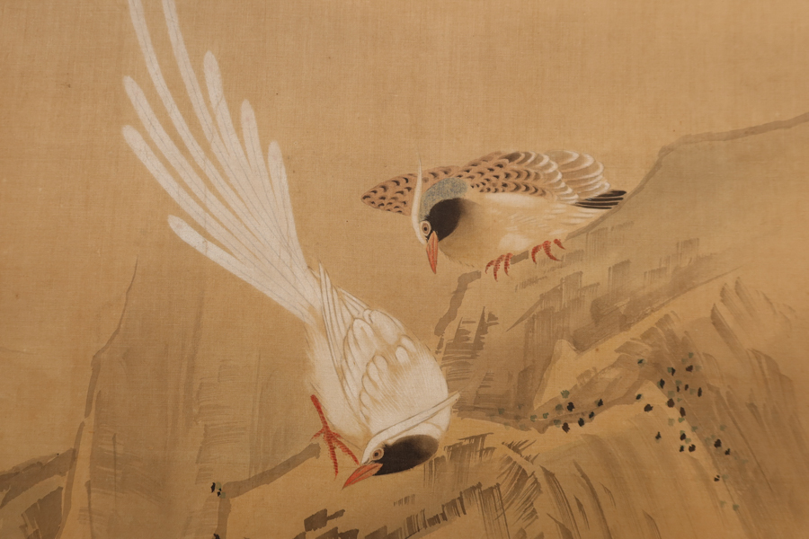真作】 狩野素川章信? 花鳥図 屏風 4面 絹本 肉筆 直接引取限定 東京都