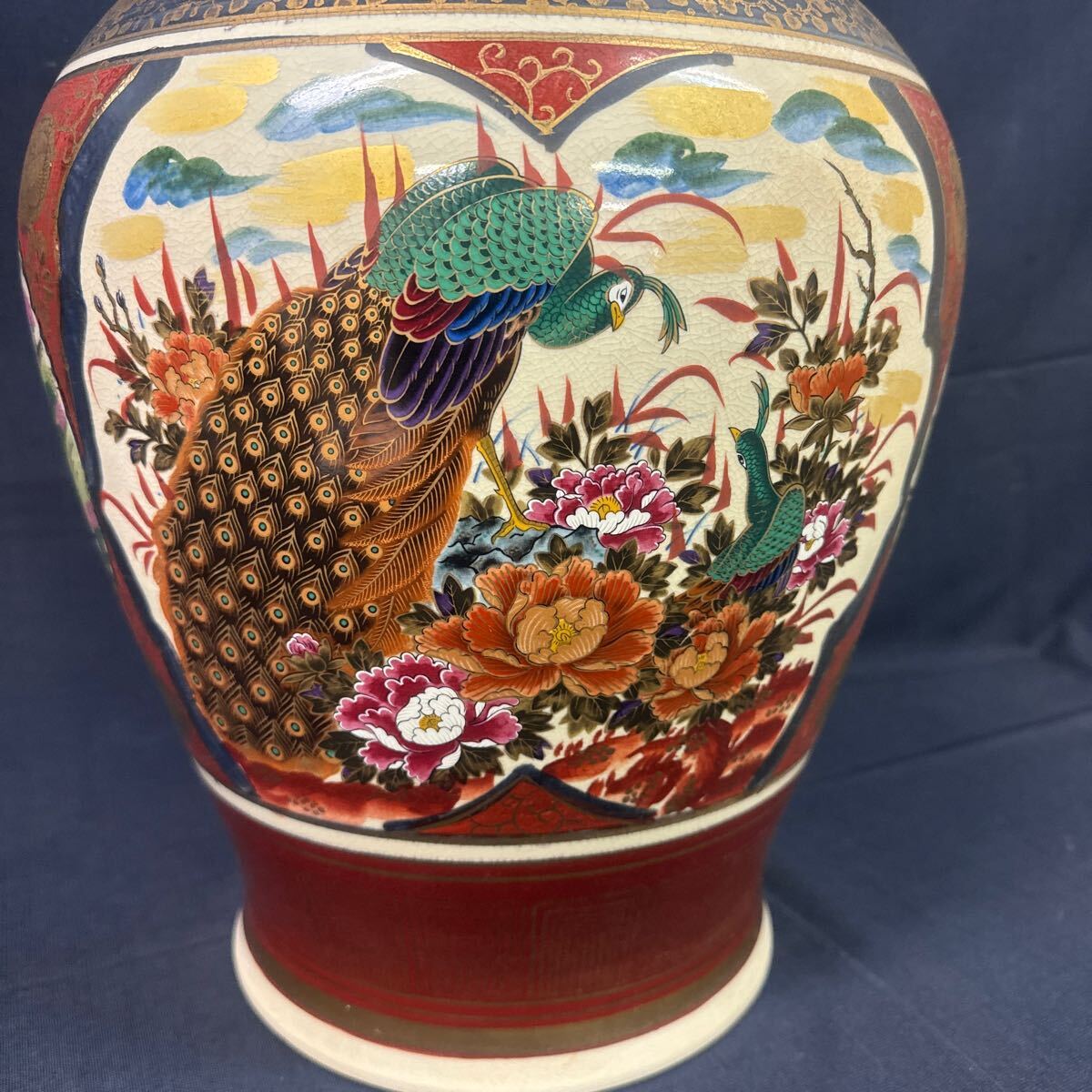 山水画　陶器　花瓶　壺　金彩　アンティーク　骨董品 ◇中古 大型 壺 高さ約60cm 九谷焼 金彩 花鳥 山水 陶器 骨董 美術