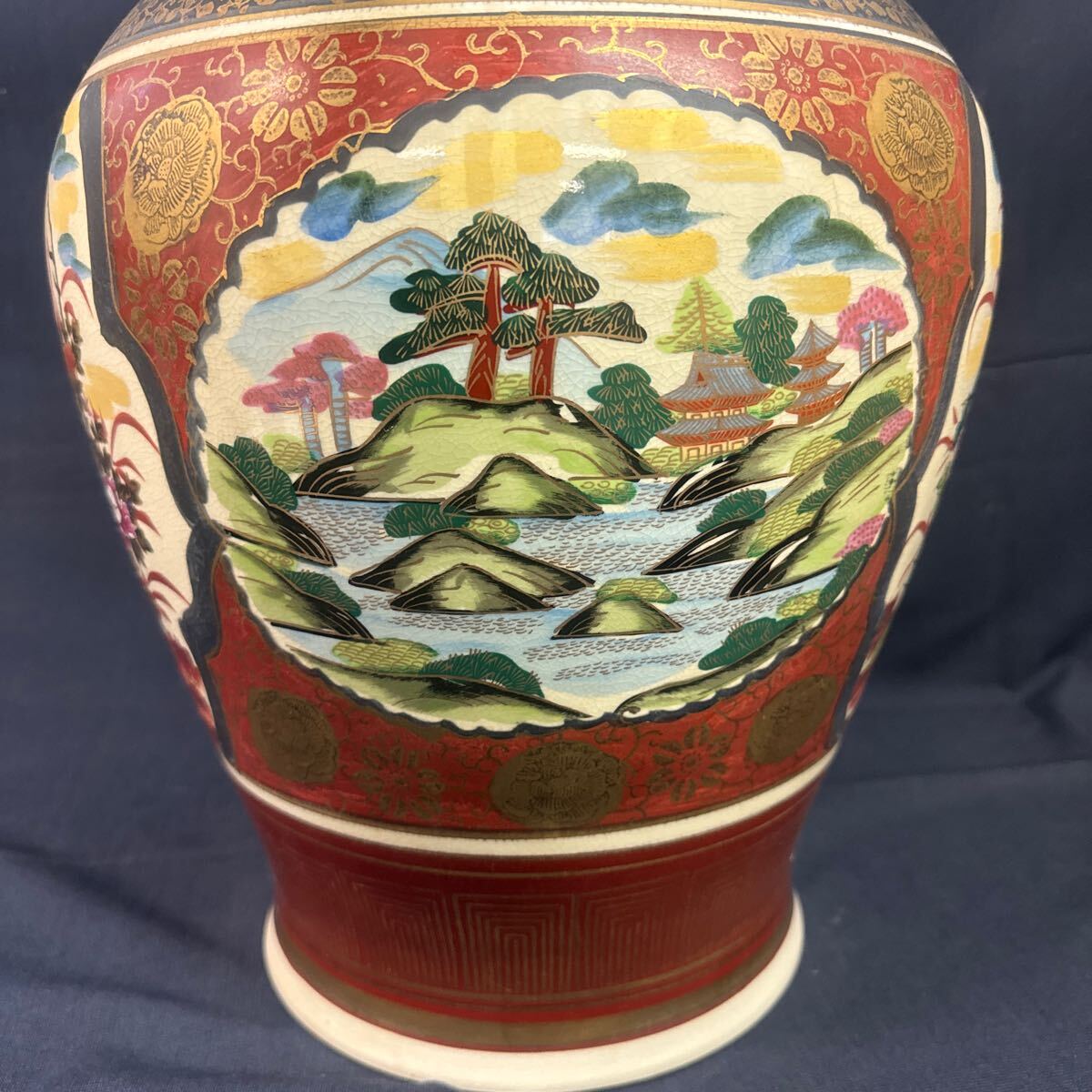 ◇中古 大型 壺 高さ約60cm 九谷焼 金彩 花鳥 山水 陶器 骨董 美術