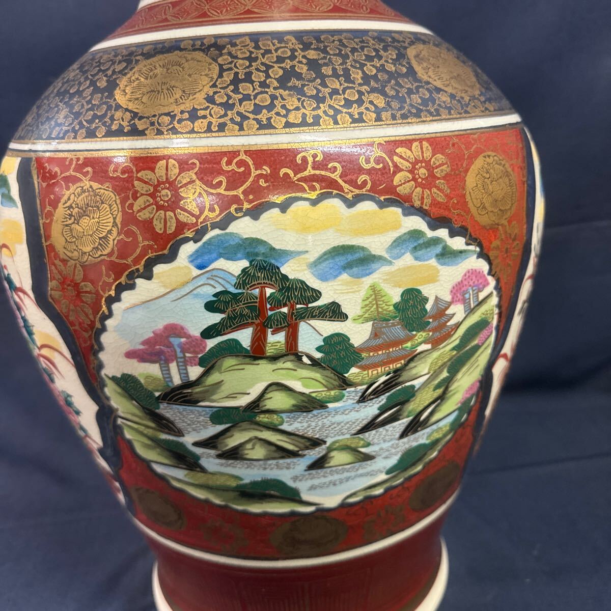 ◇中古 大型 壺 高さ約60cm 九谷焼 金彩 花鳥 山水 陶器 骨董 美術
