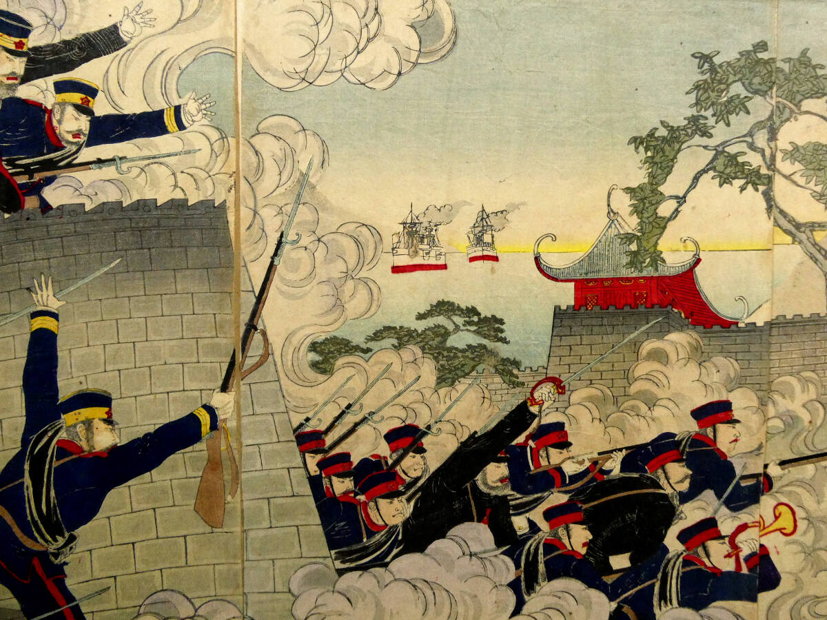 「台湾附近 澎湖諸島占領」陽州周延 明治28年刊 3枚続|浮世絵 錦絵 日清戦争 台湾 澎湖諸島◇楊斎延一◇日清戦争 錦絵◇「台湾附近 澎湖島占領之図
