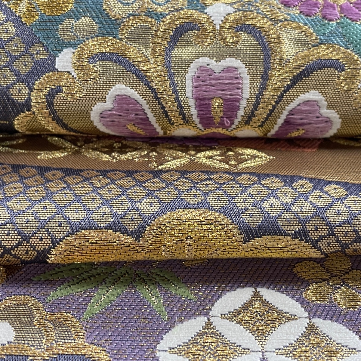 新作入荷-超特価 袋帯 逸品 じゅらく 落款 帝王紫 華文 松竹梅 金糸 箔