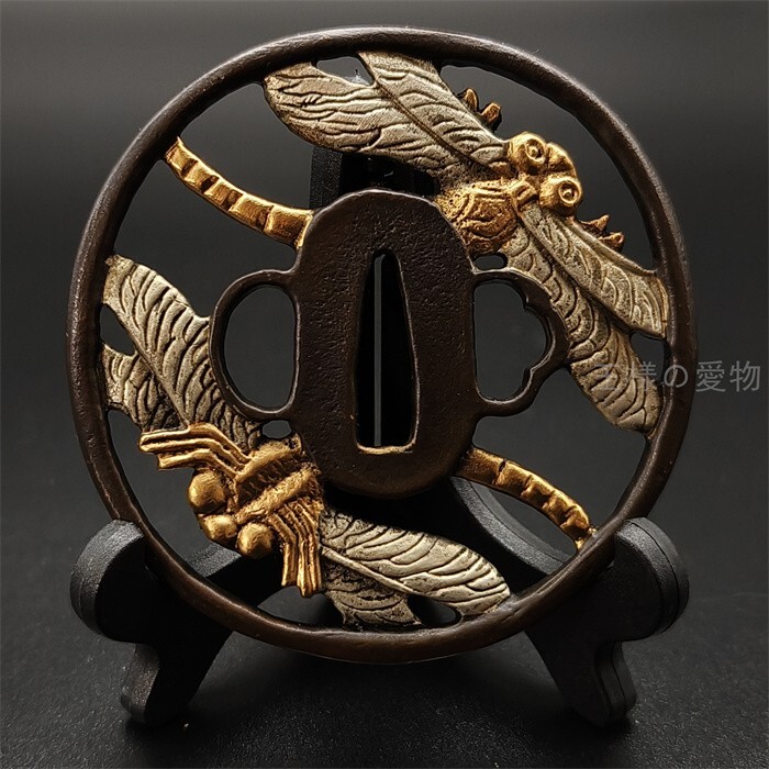 Q7488 刀鍔 蜻蛉の図 銅地 絵金銀 鍔 つば 鐔 刀鐔 刀