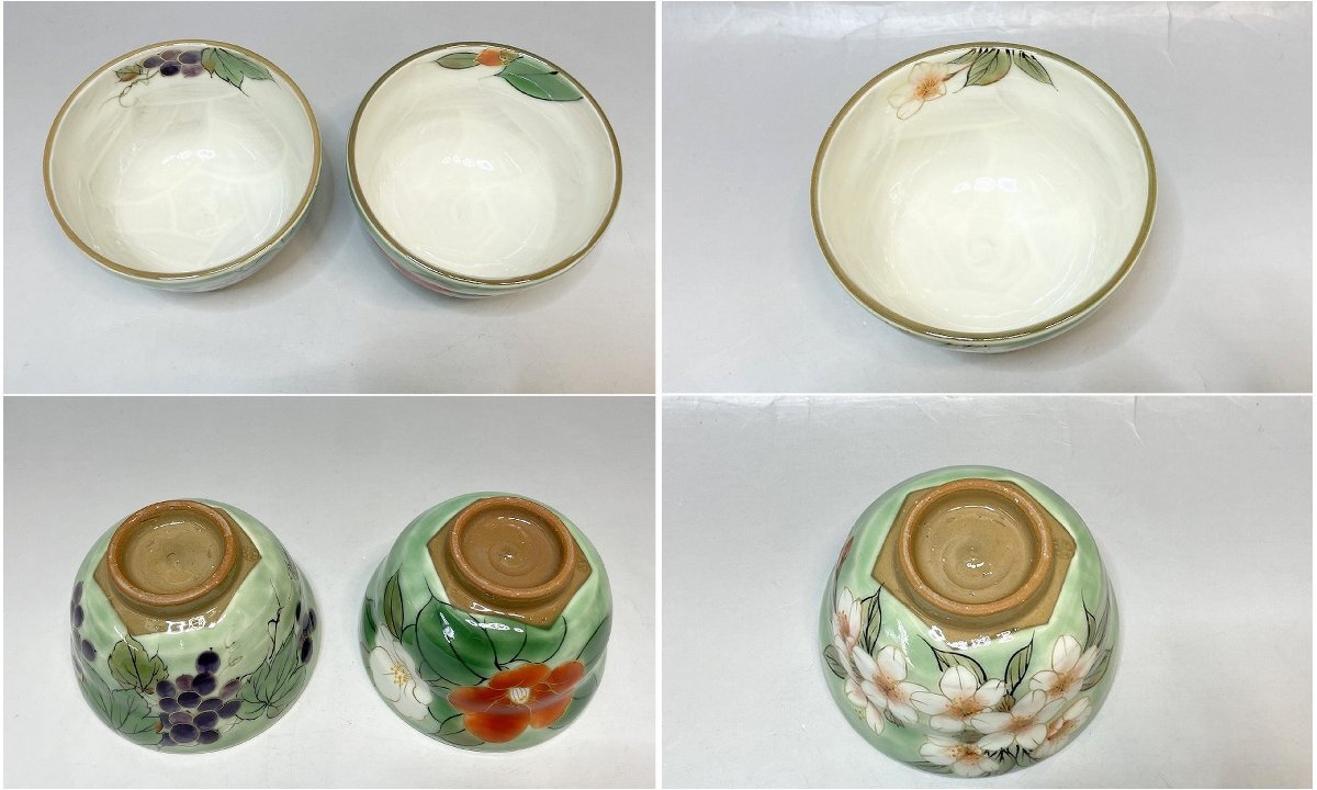 新品 京焼 清水焼 陶あん窯 織部五草花 お茶飲み茶碗 5客セット 共箱