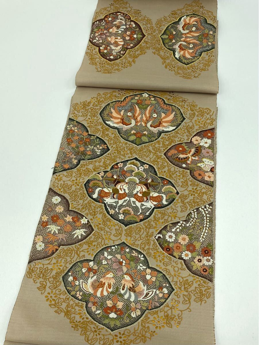 相良刺繍 蘇州刺繍 明綴れ地 狩猟文 鳳凰 袋帯 反物 未仕立て品 鳥 正