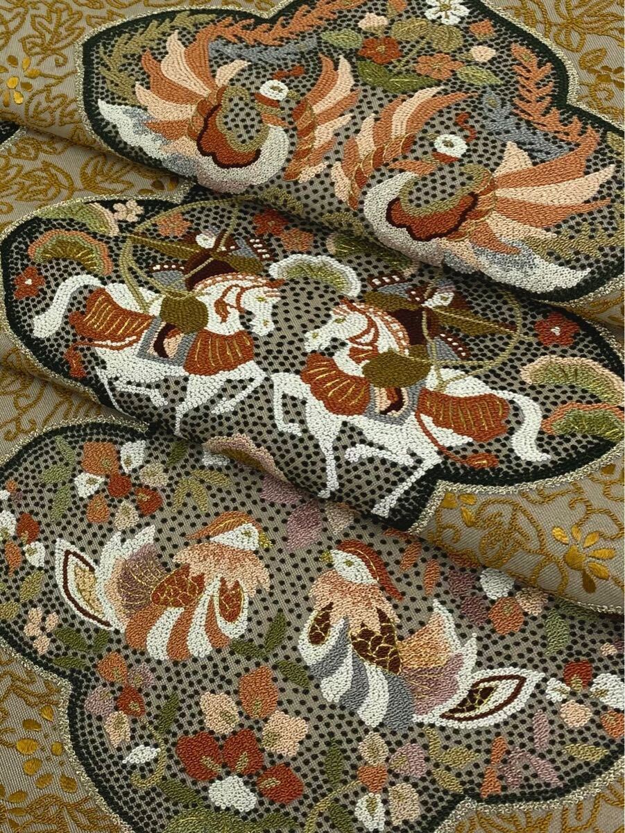 相良刺繍 蘇州刺繍 明綴れ地 狩猟文 鳳凰 袋帯 反物 未仕立て品 鳥 正