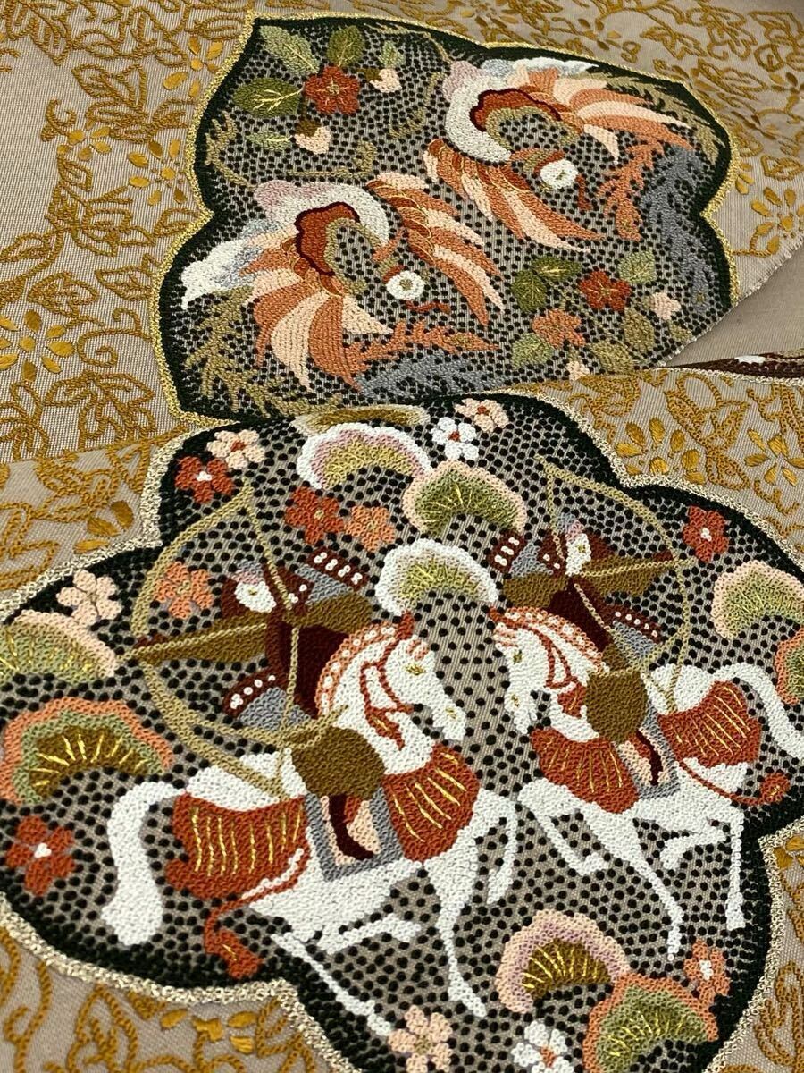 相良刺繍 蘇州刺繍 明綴れ地 狩猟文 鳳凰 袋帯 反物 未仕立て品 鳥 正