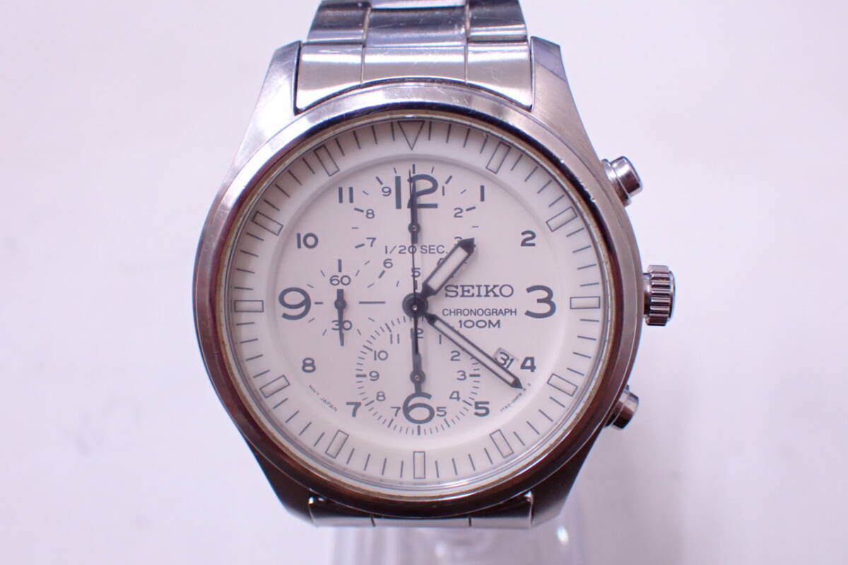 稼働品 SEIKO セイコー 7T92-0JS0 クロノグラフ 100M 白文字盤 デイト 