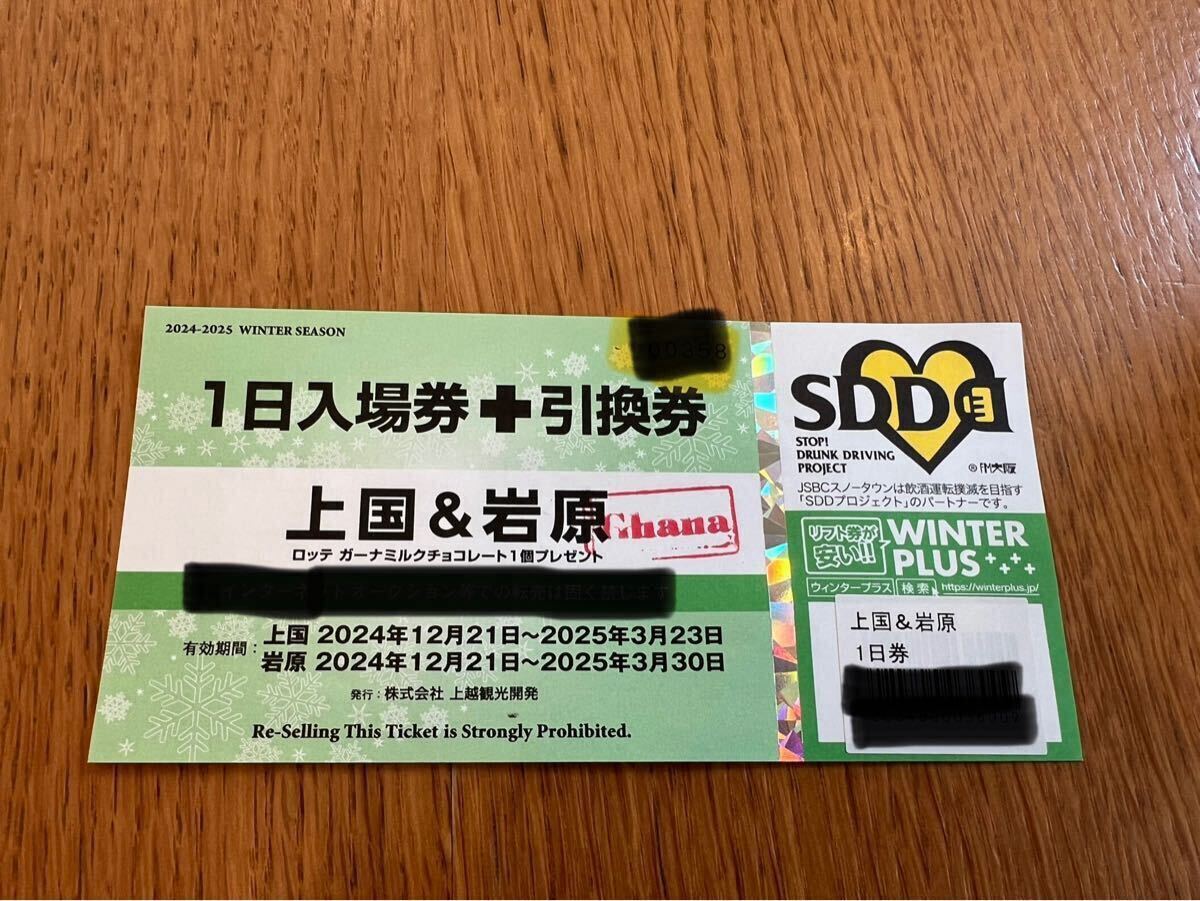 上国&岩原 リフト1日入場券×1枚 上国&岩原共通リフト券 1枚