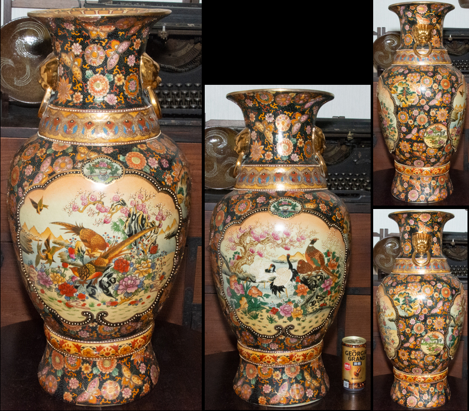 特大 豪華絢爛 薩摩焼 花鳥図 蝶 飾壺 高さ約61.3cm 和風インテリア