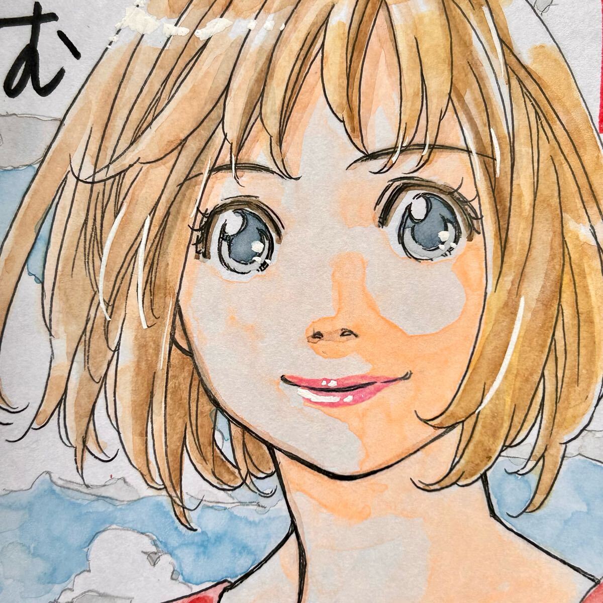 直筆カラーイラスト色紙 芳崎せいむ 金魚屋古書店 手描きイラスト ミニ