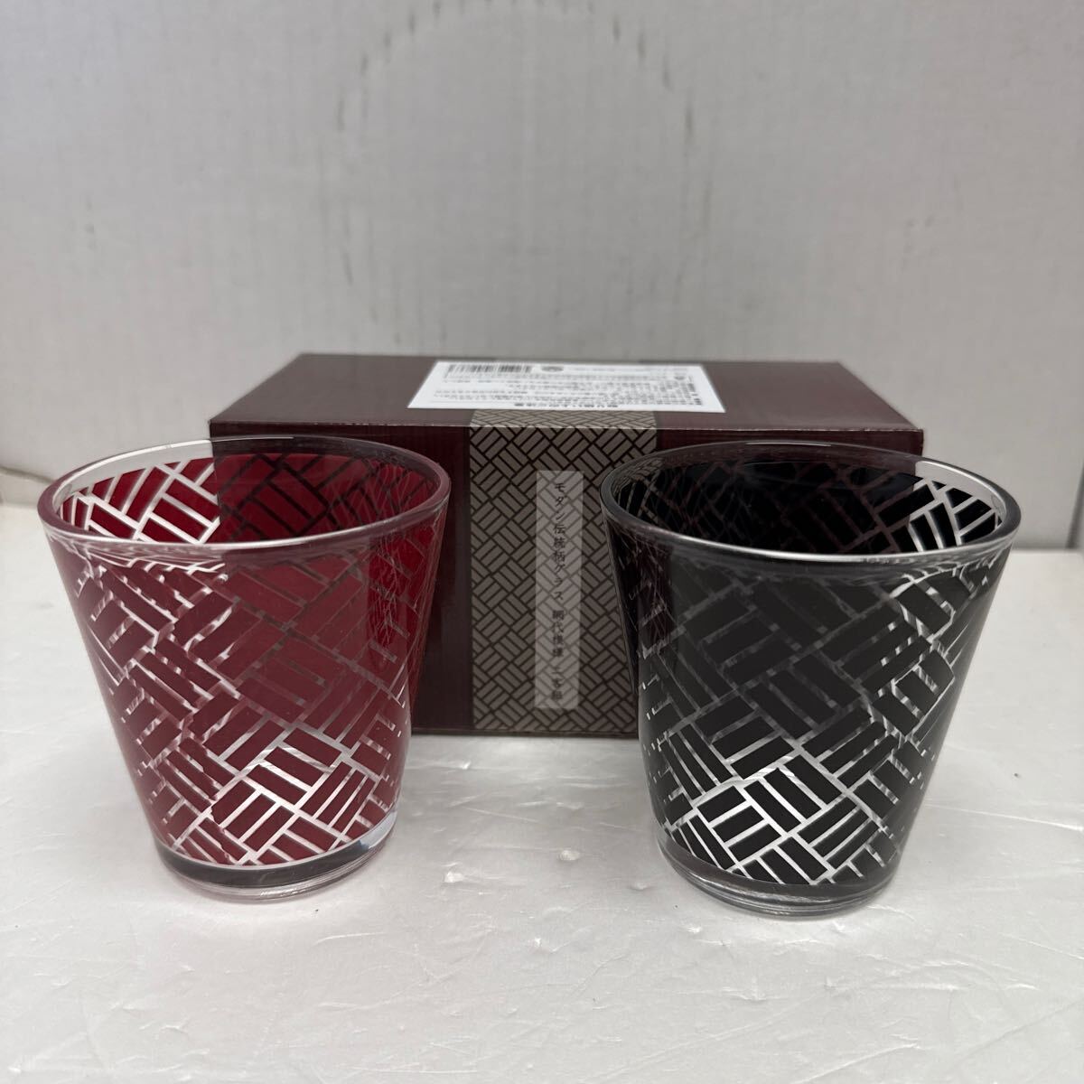 ● モダン伝統柄グラス 網代模様 2客組 ロックグラス ペア タンブラー グラス 未使用品 ●_1