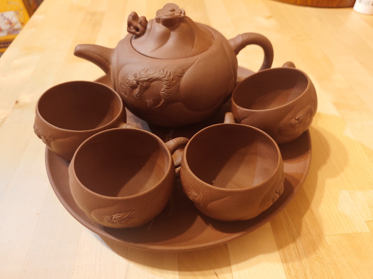 中国宜興 紫泥急須&茶杯四客 茶器セット 在銘 煎茶器 唐物 朱泥(施釉陶