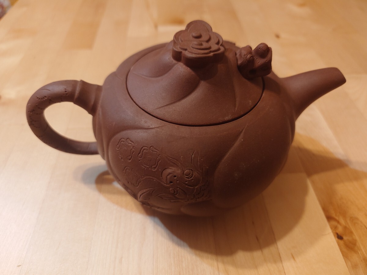 中国宜興 紫泥急須&茶杯四客 茶器セット 在銘 煎茶器 唐物 朱泥(施釉陶
