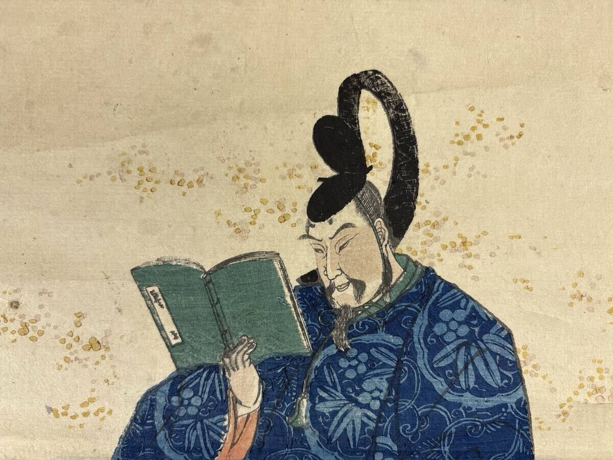紙本　一勇斎国芳(歌川国芳)　江戸時代版画　七福神　掛軸 真作】掛軸 古い刷物 菅原道真 天神経 一勇斎国芳 歌川国芳 サイン