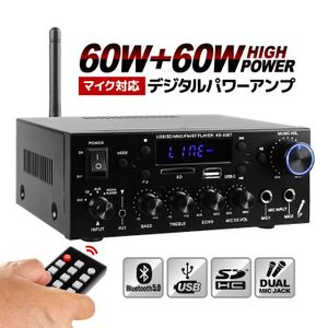 Bluetooth5.0 デジタルオーディオアンプ 60W+60W USBメモリ/SDカード/LINE入力 リモコン