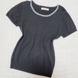 USED【CECIL McBEE】★半袖ニットトップス★首元パール・スパンコール★黒カットソー