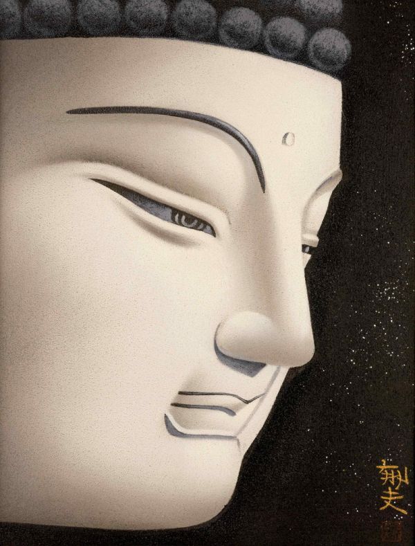模写》平山郁夫 手描き ミクストメディア《阿弥陀仏頭》表サイン(印譜