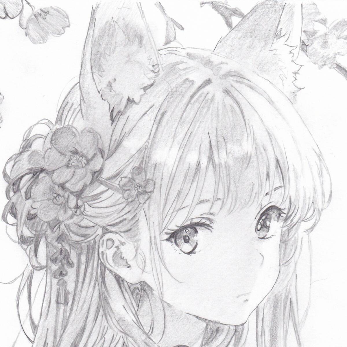 原画】 【蝶を見つめる 猫耳 着物少女】手描きイラスト A4 鉛筆画