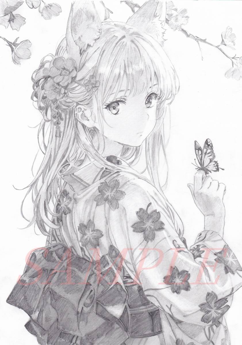 原画】 【蝶を見つめる 猫耳 着物少女】手描きイラスト A4 鉛筆画