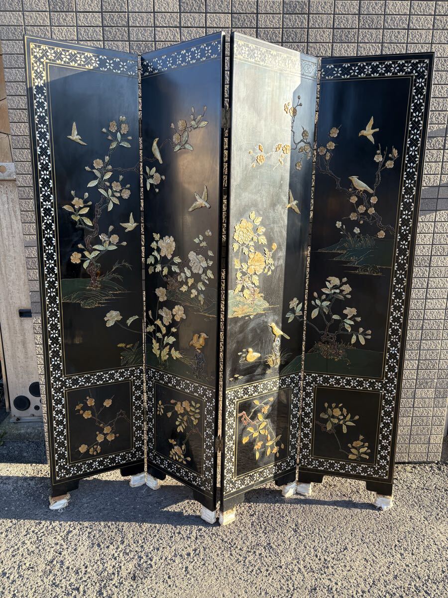 中国骨董 螺鈿細工 女性 古典画装飾彫り 木製 4連パーテーション 衝立