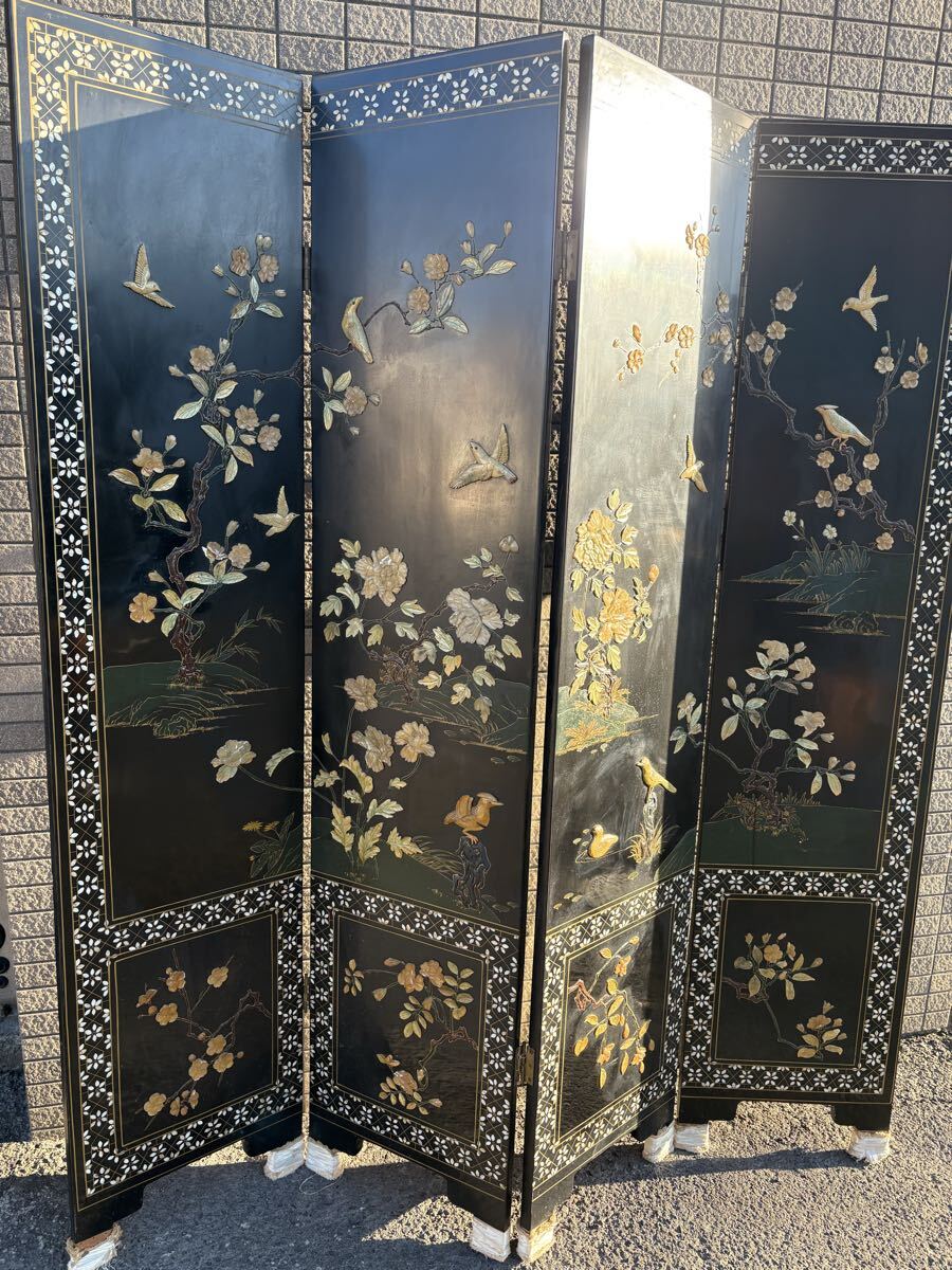 ☆ 衝立 螺鈿細工 中国美術 屏風 パーテーション 花鳥図 インテリア