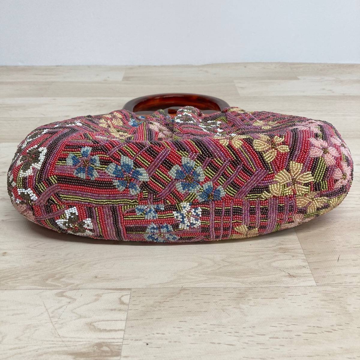 美品 総ビーズ ハンドバッグ 花柄 べっ甲　浴衣や ビーズバッグ ハンドバッグ 花柄/和装小物 総ビーズ べっ甲風ハンドル