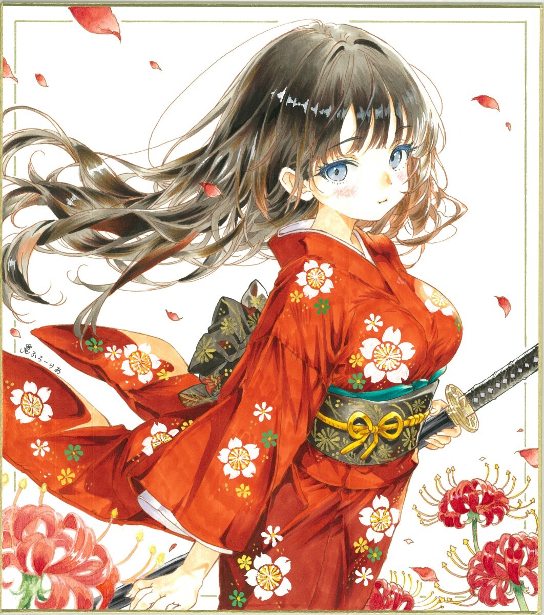 大色紙 手描きイラスト [彼岸送りの女剣士] 原画 美少女 オリジナル