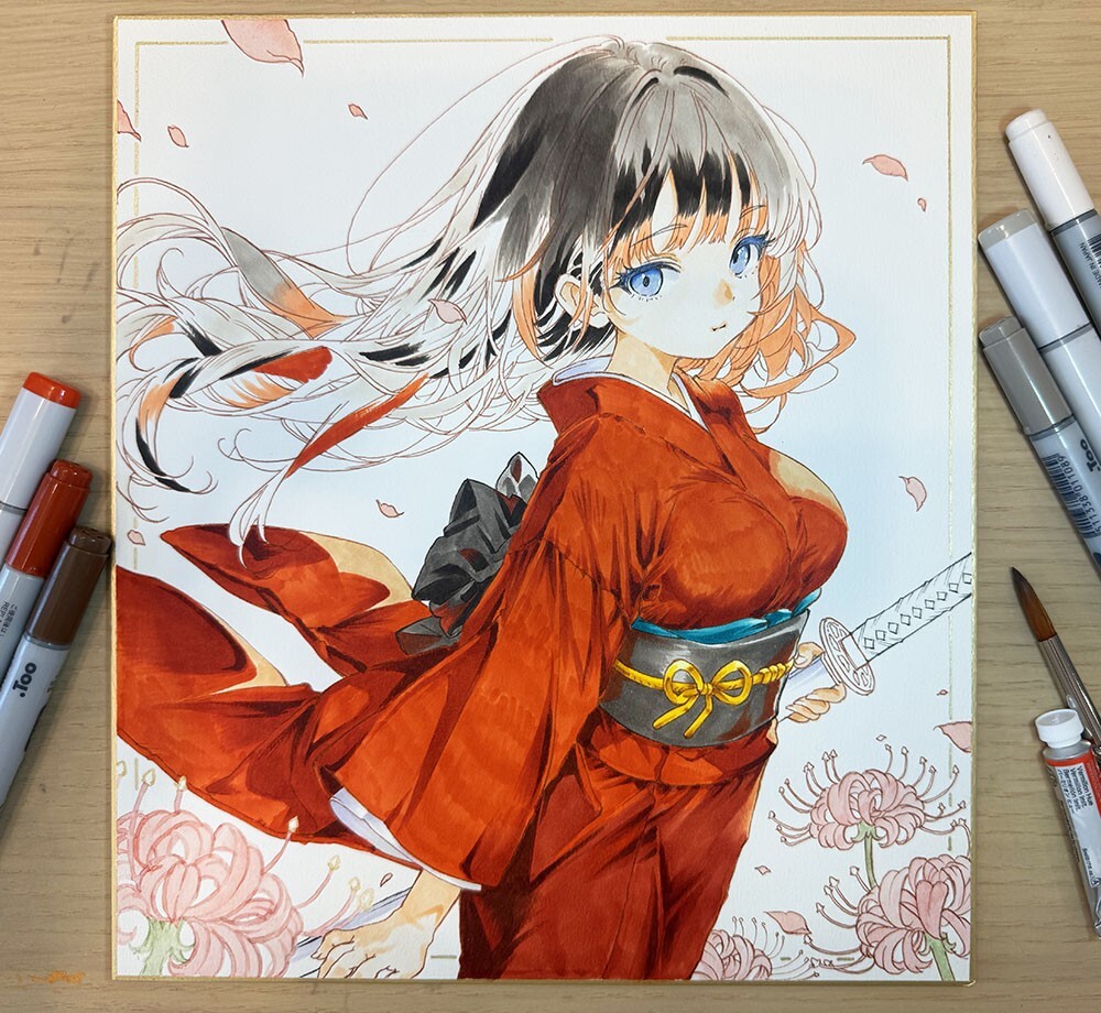 大色紙 手描きイラスト [彼岸送りの女剣士] 原画 美少女 オリジナル
