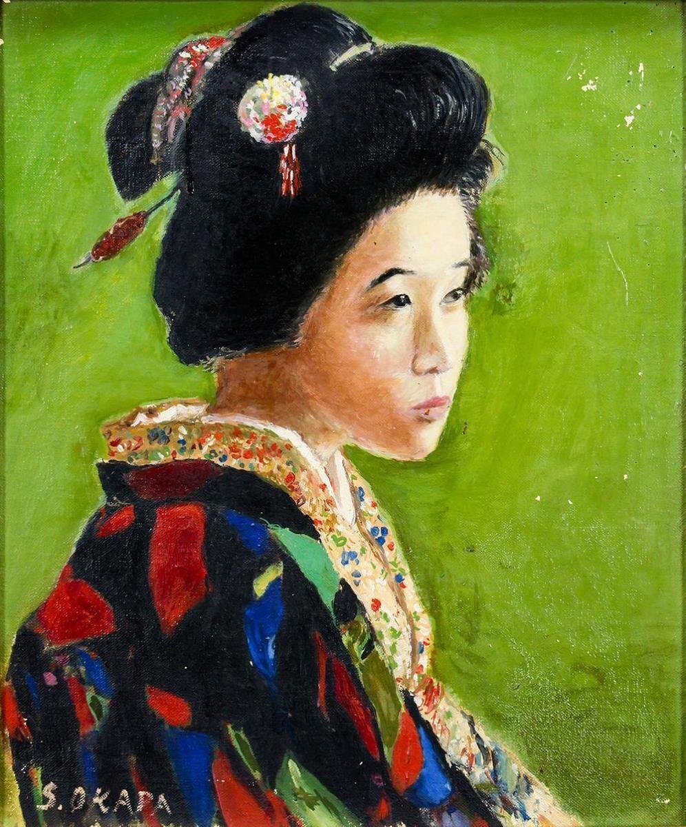 模写】【WISH】岡田三郎助「町娘」油彩 8号 ◇静かに佇む和装の女性像