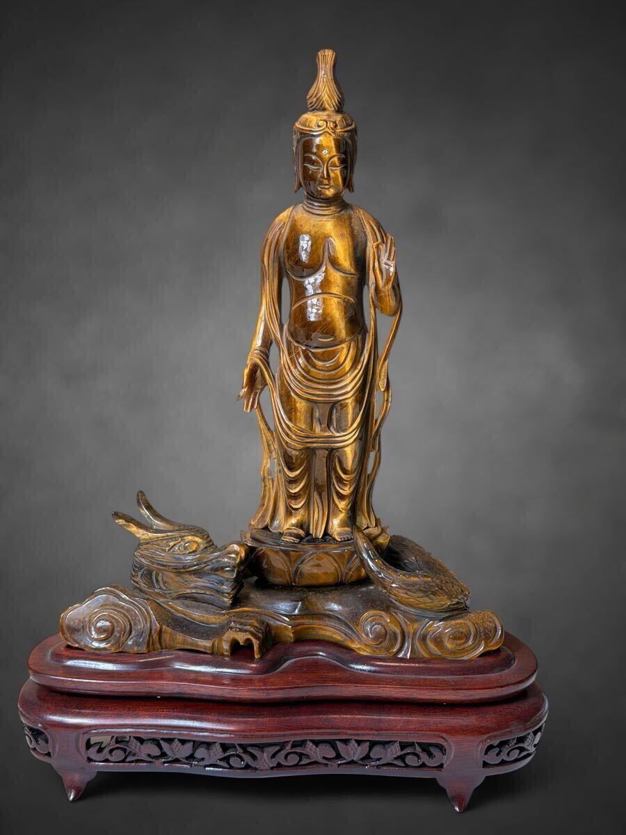 虎目石 タイガーアイ 彫刻 観音菩薩立像 仏像 極細工/本体高さ約23cm