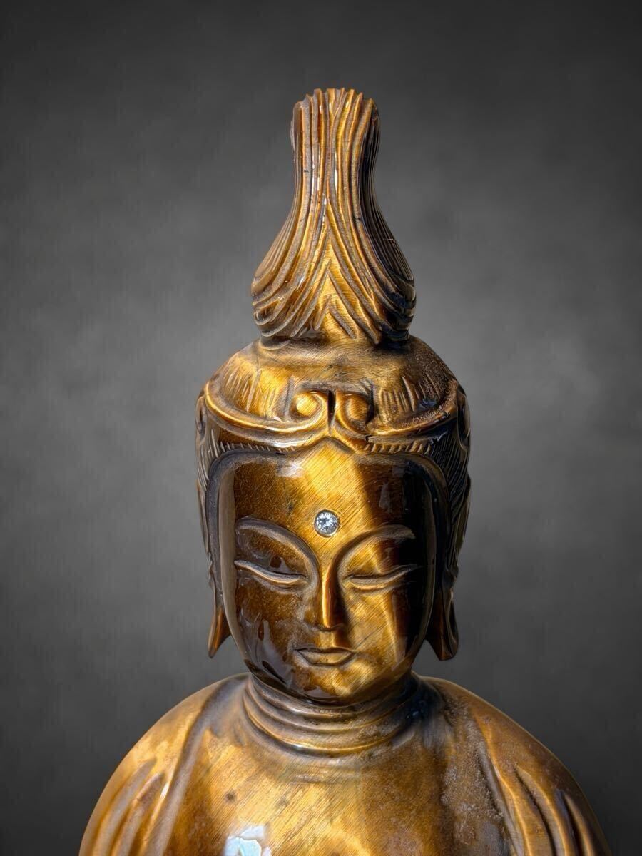 虎目石 タイガーアイ 彫刻 観音菩薩立像 仏像 極細工/本体高さ約23cm