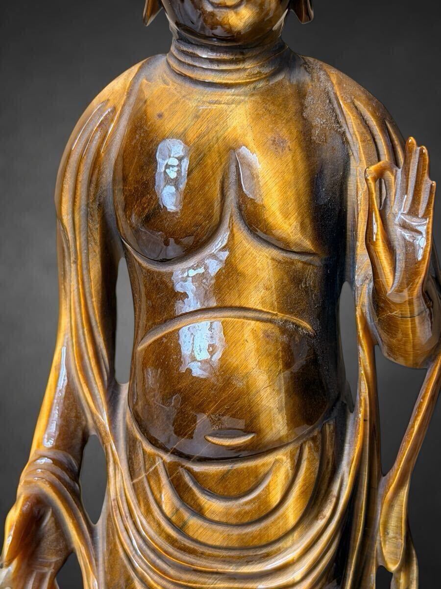 中国美術 時代 虎目石 タイガーアイ 女人彫刻像 仏像 唐木台付き 処分価格 虎目石 タイガーアイ 彫刻 観音菩薩立像 仏像 極細工/本体高さ約23cm
