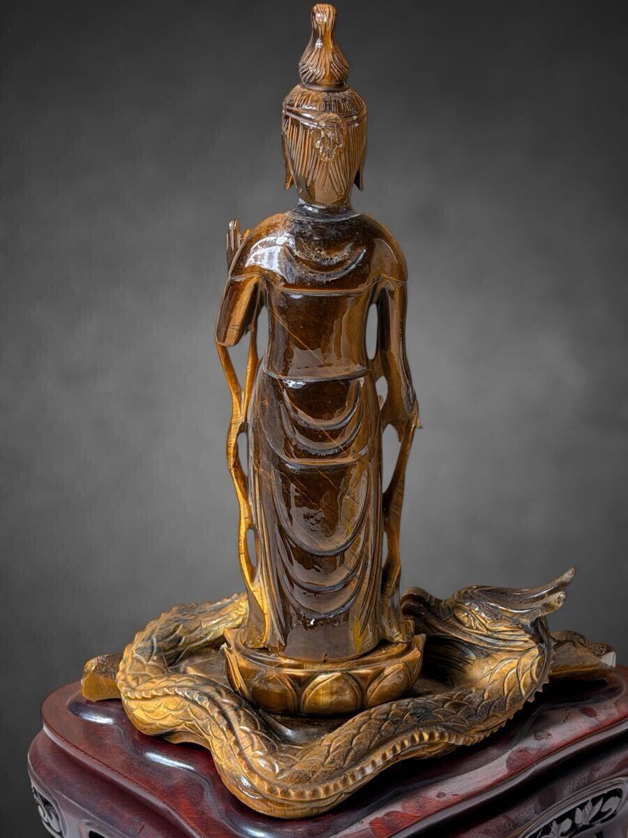虎目石 タイガーアイ 彫刻 観音菩薩立像 仏像 極細工/本体高さ約23cm