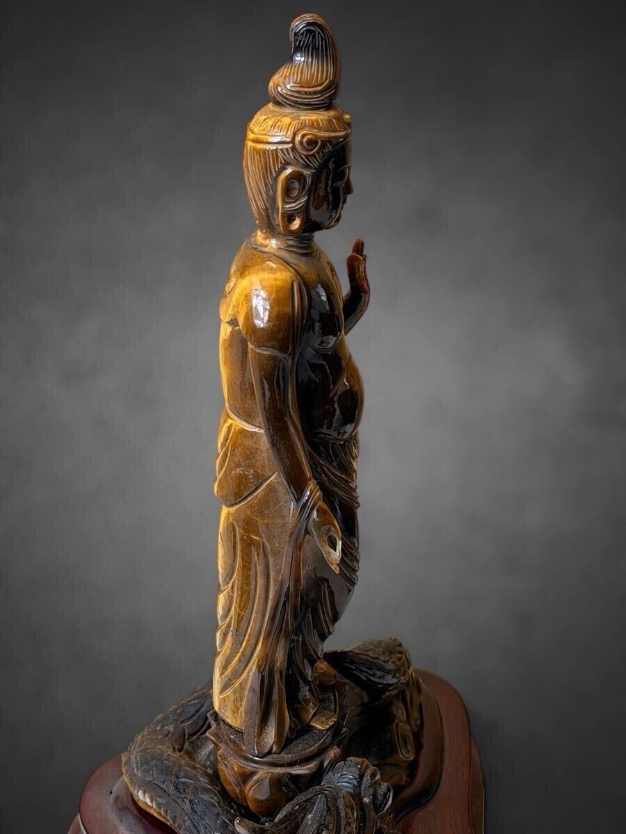 虎目石 タイガーアイ 彫刻 観音菩薩立像 仏像 極細工/本体高さ約23cm