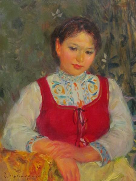 絵画館 人気！中山忠彦 油絵6号「赤いベスト」女性像・傑作！(人物画
