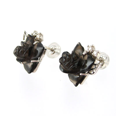 薔薇バラのピアス★スモーキークォーツ★天然ダイヤ付★K18WG製