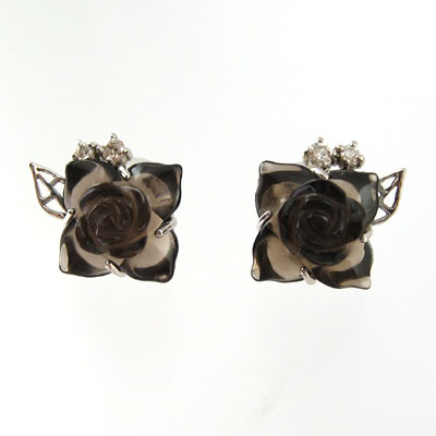 薔薇バラのピアス★スモーキークォーツ★天然ダイヤ付★K18WG製