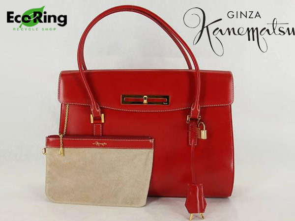1円 超美品 銀座かねまつ レザー 書類鞄 レッド BS853